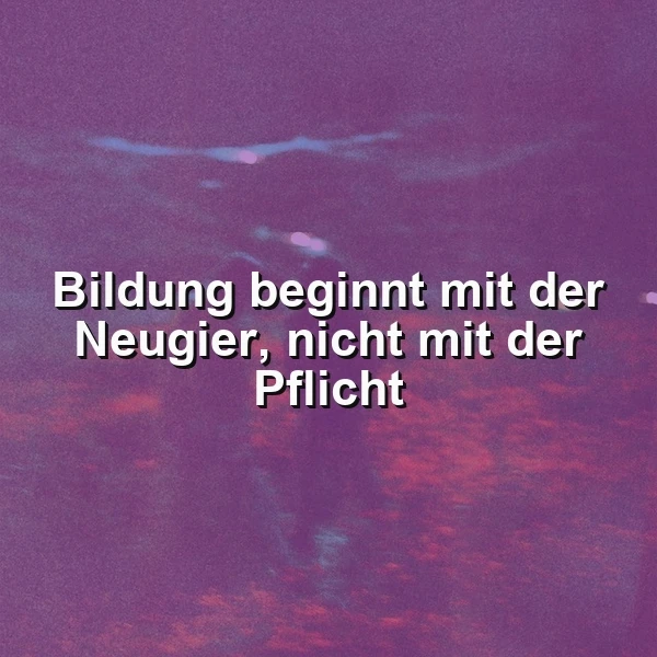 Ein inspirierendes Zitat in weißer, fetter Schrift auf einem dunklen, abstrakten lila-violetten Hintergrund. Der Text lautet: 'Bildung beginnt mit der Neugier, nicht mit der Pflicht'. Die Stimmung ist nachdenklich und motivierend.