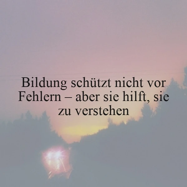 Ein inspirierendes Zitat auf einem sanften Sonnenuntergangs-Bild mit Baum-Silhouetten. Der Text 'Bildung schützt nicht vor Fehlern – aber sie hilft, sie zu verstehen' regt zum Nachdenken über Lernen und Einsicht an.