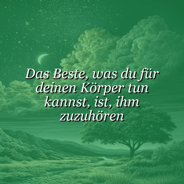Grünes, nächtliches Landschaftsbild mit Sternen, Halbmond und einem Baum am Fluss. Der Text lautet: "Das Beste, was du für deinen Körper tun kannst, ist, ihm zuzuhören." Es vermittelt eine ruhige, achtsame Atmosphäre.