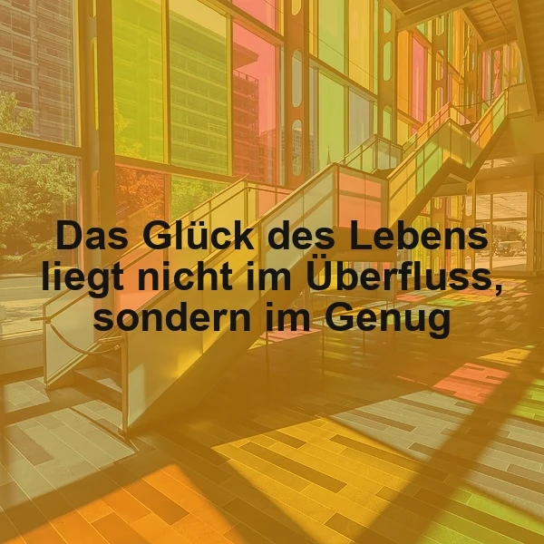 Ein modernes Gebäude mit großen Fenstern und einer farbenfrohen Fassade. Im Vordergrund eine Treppe mit einem Zitat: Das Glück des Lebens liegt nicht im Überfluss, sondern im Genug. Die Stimmung ist inspirierend und ruhig.