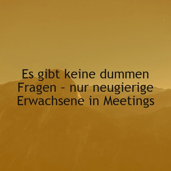 Ein minimalistisches Bild mit einem warmen, goldenen Farbton im Hintergrund. Im Vordergrund der schwarze Text: "Es gibt keine dummen Fragen - nur neugierige Erwachsene in Meetings". Die diffuse, bergähnliche Landschaft erzeugt eine ruhige, humorvolle Atmosphäre.