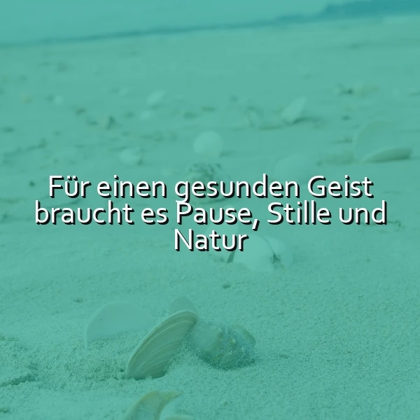 Ein ruhiger Strand mit Muscheln im Sand, ein Zitat über die Bedeutung von Pause, Stille und Natur für einen gesunden Geist