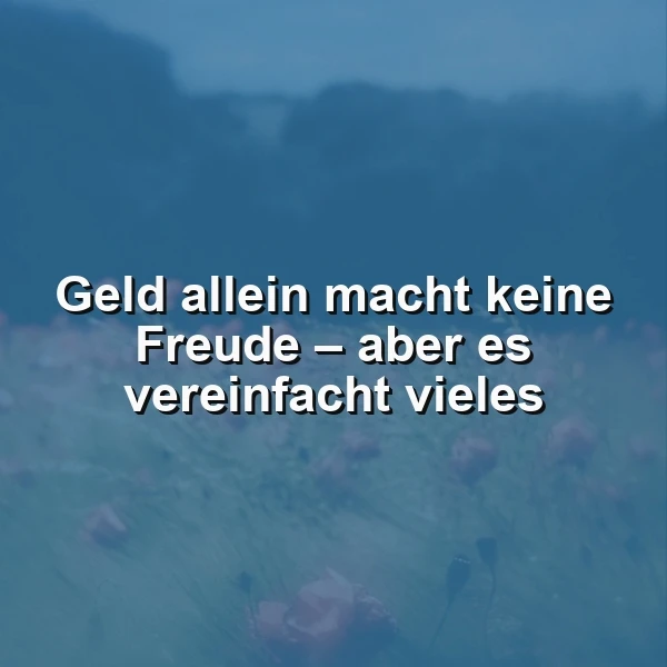 Ein Feld mit roten Mohnblumen im Hintergrund, leicht unscharf, mit einem blauen Filter. Im Vordergrund steht in weißer Schrift: 'Geld allein macht keine Freude – aber es vereinfacht vieles'.