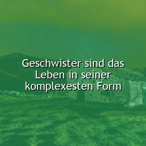 Ein tiefgründiges Zitat über Geschwisterbeziehungen in weißer Schrift auf einem mystisch grünen Landschaftshintergrund mit Hügeln und einer moosbewachsenen Steinmauer. Es fängt die komplexe Natur von Familienbanden ein.