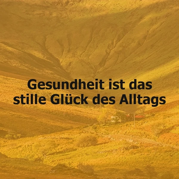 Ein gelbes Landschaftsbild mit einem kleinen Haus in der Ferne. Der Text 'Gesundheit ist das stille Glück des Alltags' ist prominent im Vordergrund platziert.