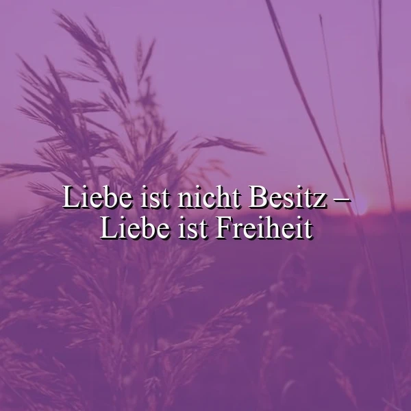Sanfte purpurfarbene Gräser im Vordergrund vor einem verschwommenen Sonnenuntergangshimmel. Das Zitat 'Liebe ist nicht Besitz – Liebe ist Freiheit' steht zentral, umhüllt von einer ruhigen, nachdenklichen Atmosphäre.