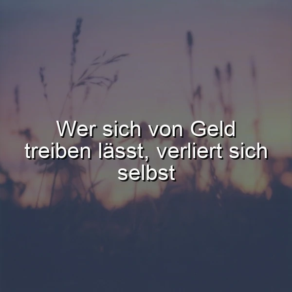 Ein Foto mit Gräsern vor einem Sonnenuntergangshimmel, auf dem der Text 'Wer sich von Geld treiben lässt, verliert sich selbst' in weißer Schrift liegt.